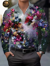 Button Down  Shirt Men Floral Painted Flower Print Casual Lapel Button Beach Top