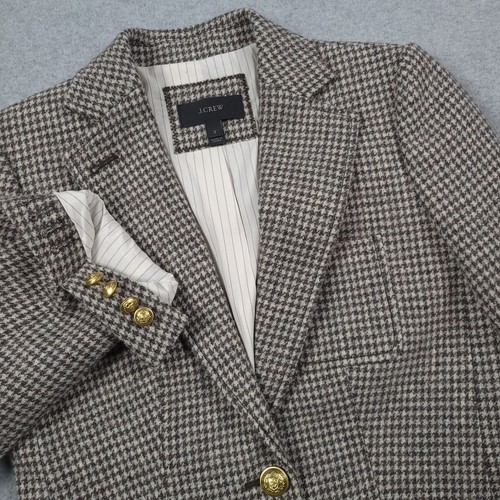 J Crew Blazer Women 2 Beige Brown Houndstooth Wool Gold Button Suit Jacket - Picture 2 of 17
