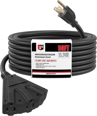 50 Ft Outdoor Extension Cord with 3 Electrical Power Outlets - 16/3 SJTW Black C