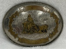 Vintage Alpaca stamped Silver-like and Brass Belt Buckle