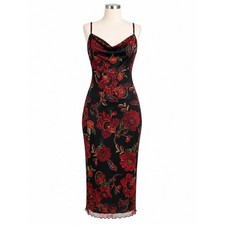 CIDER Illusion Floral Ruched Cowl Neck Midi Dress - Black/Red - Size M