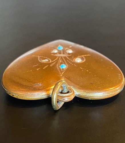 Antique Victorian Heart Locket Gold Tone/Filled? Faux Pearl Turquoise Lady Photo - Picture 8 of 15