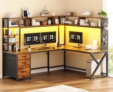 L Shaped Desk with Hutch & 3 Drawers, Convertible Computer Desk with LED Lights