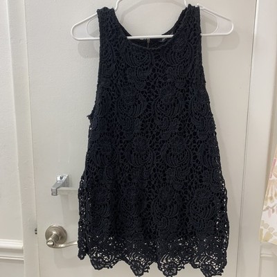 NWT Authentic LUCKY BRAND Black Solid Crochet Lined Sleeveless Women's Top Sz S