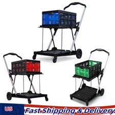 2-Tier Collapsible Shopping Cart Foldable Grocery Wheels Removable Storage Crate