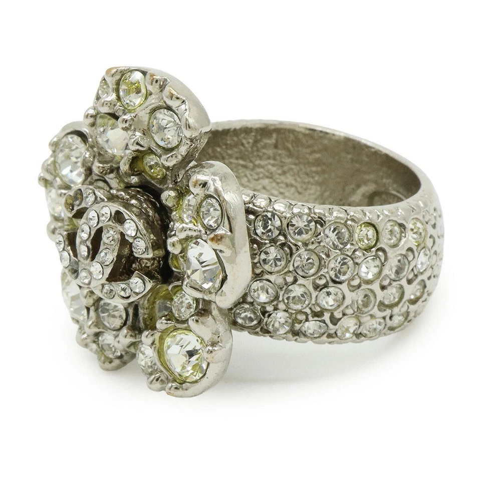 Chanel Camellia Flower Motif Ring Metal Rhinestone Women Silver One Size - Image 2 of 4