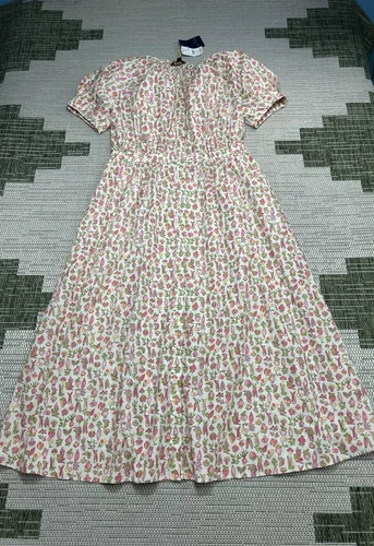 Brooks Brothers Dress Womens 12 White Pink Floral Cotton Blouson Midi New