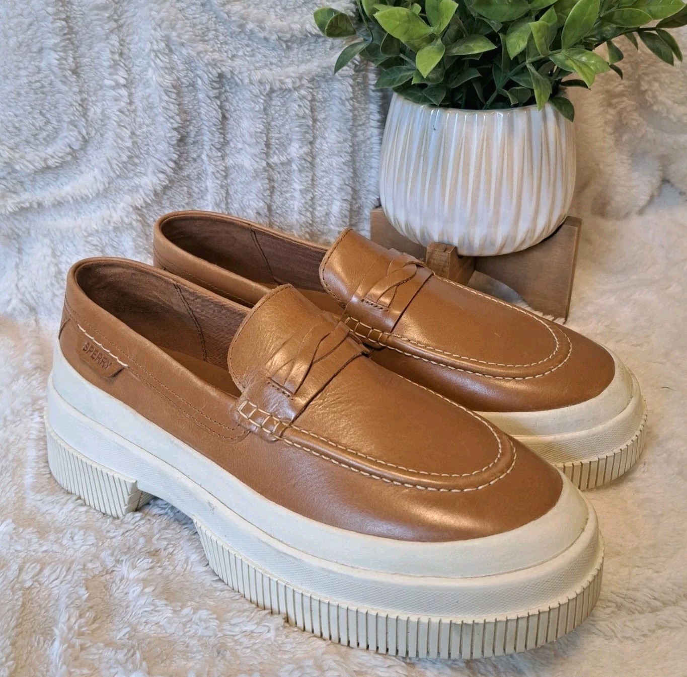 SAOLA Mocassino Sperry Highland platform pelle marrone suola grossa Y2K anni 90 Academia taglia 9 5