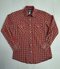 Vintage 70s Wrangler Plaid Pearl Snap Western Shirt Red Cowboy USA Mens Medium