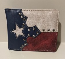 Mens Western Wallet Bifold Texas Flag Color Red White Blue W/Silver Tone Studs
