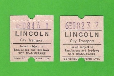 Lincoln City Transport - 2 Autofare Bus Tickets - Control Systems Ltd - c.1980s