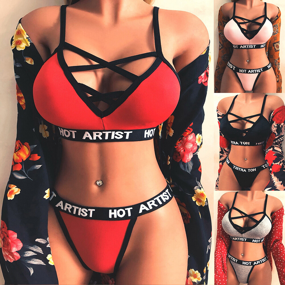 Women Lingerie Set Letter Print Sport Bra Bralet Briefs Thong Ladies Underwear