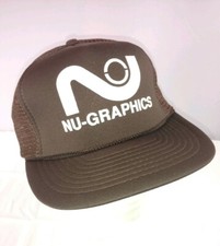 Vtg NU Graphics Brown Adjustable Snap Back Mesh Trucker Baseball Hat Advertising