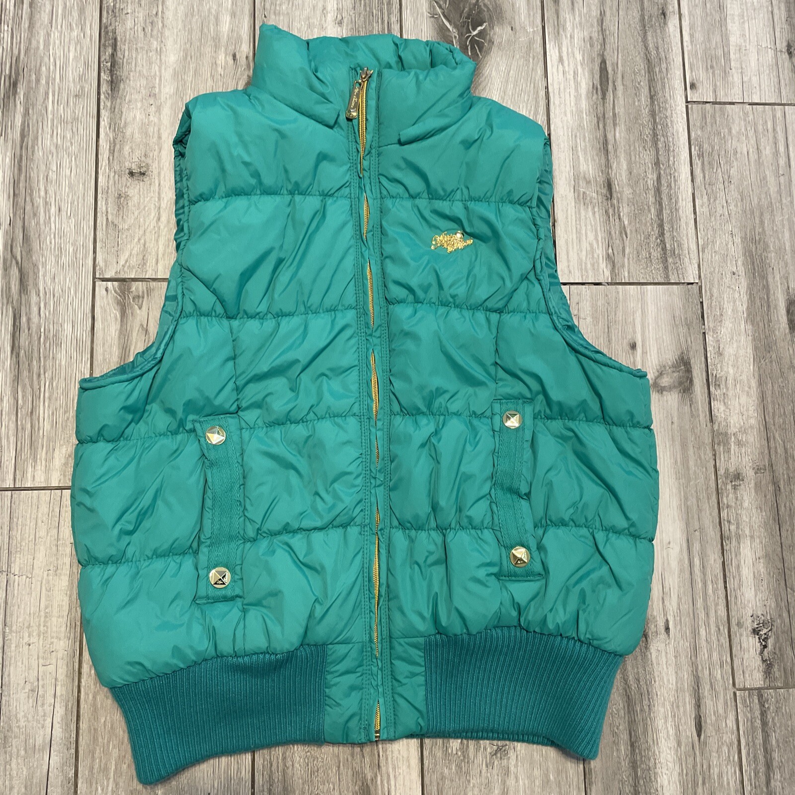 Apple Bottom Jeans Vintage Puffer Vest Green Gold Studded 2XL Y2K Puff Zip Up