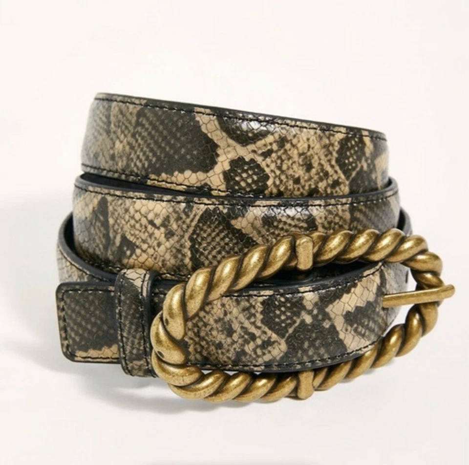Free People Sophie Small/Medium Snake Print Leather Brass Buckle Belt, NEW! - Image 2 of 4