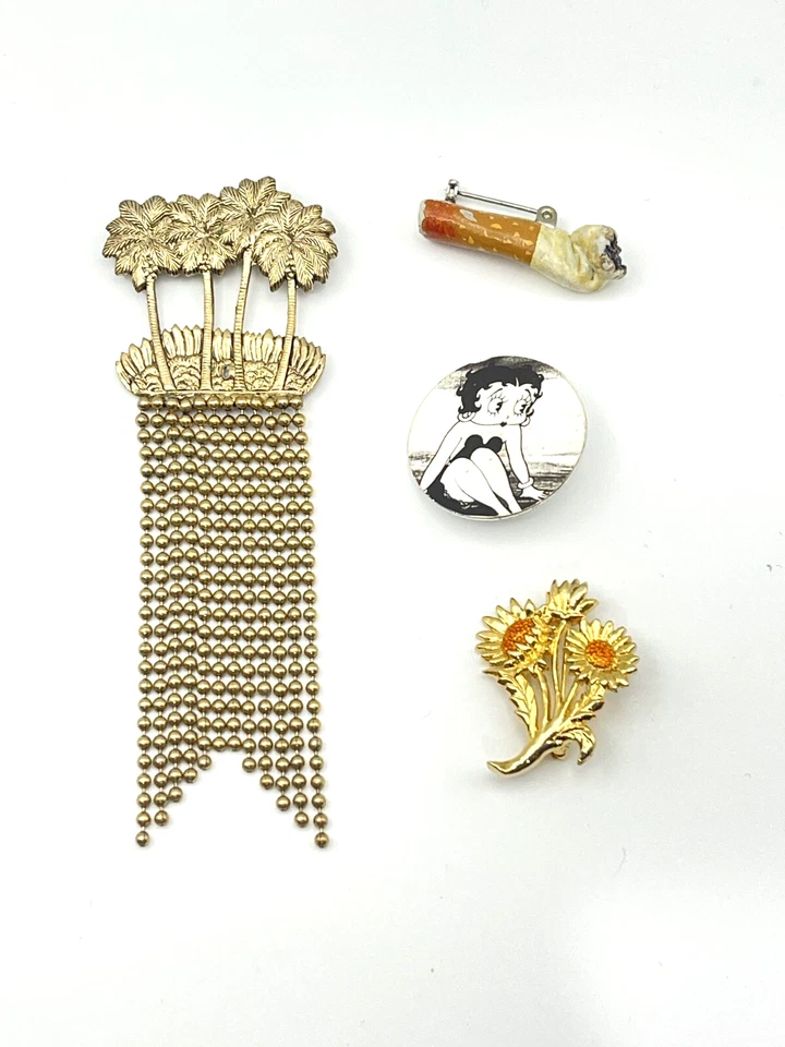 4 alfileres chapados en oro de colección / Cig de cerámica / Betty Boop / Girasoles / Palmeras Foto 2 de 4