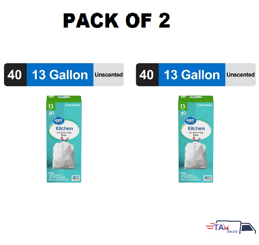 Great Value 13-Gallon Drawstring Tall Kitchen Trash Bags, Unscented, 40 Bags