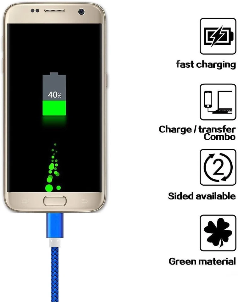 2-Pack 10ft Braided Nylon Micro USB Charging Cable Fast Charger Cord Blue - Image 4 of 4