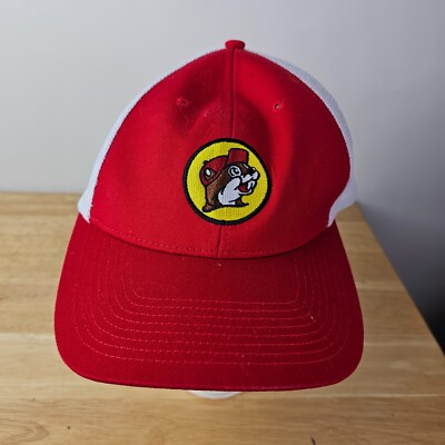 Buc-ees Mesh Snapback Adjustable Truckers Hat Cap White Red Bucees Beaver Logo