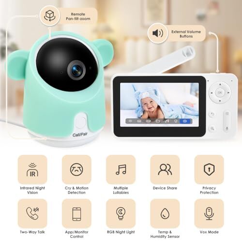 GMK Baby Monitor with Camera and Audio ,1080P Baby Camera Monitor - WHITE/GREEN