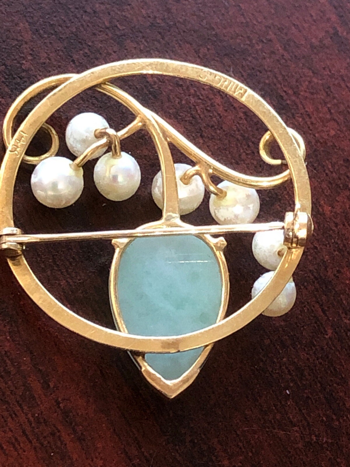 MING'S HAWAII JADE PEARL LEAF BROOCH PIN 14K YELLOW GOLD MINGS JEWELRY