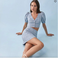 Reformation Ethel Linen Two Piece Skirt Set Gingham Size 4 Blue and White