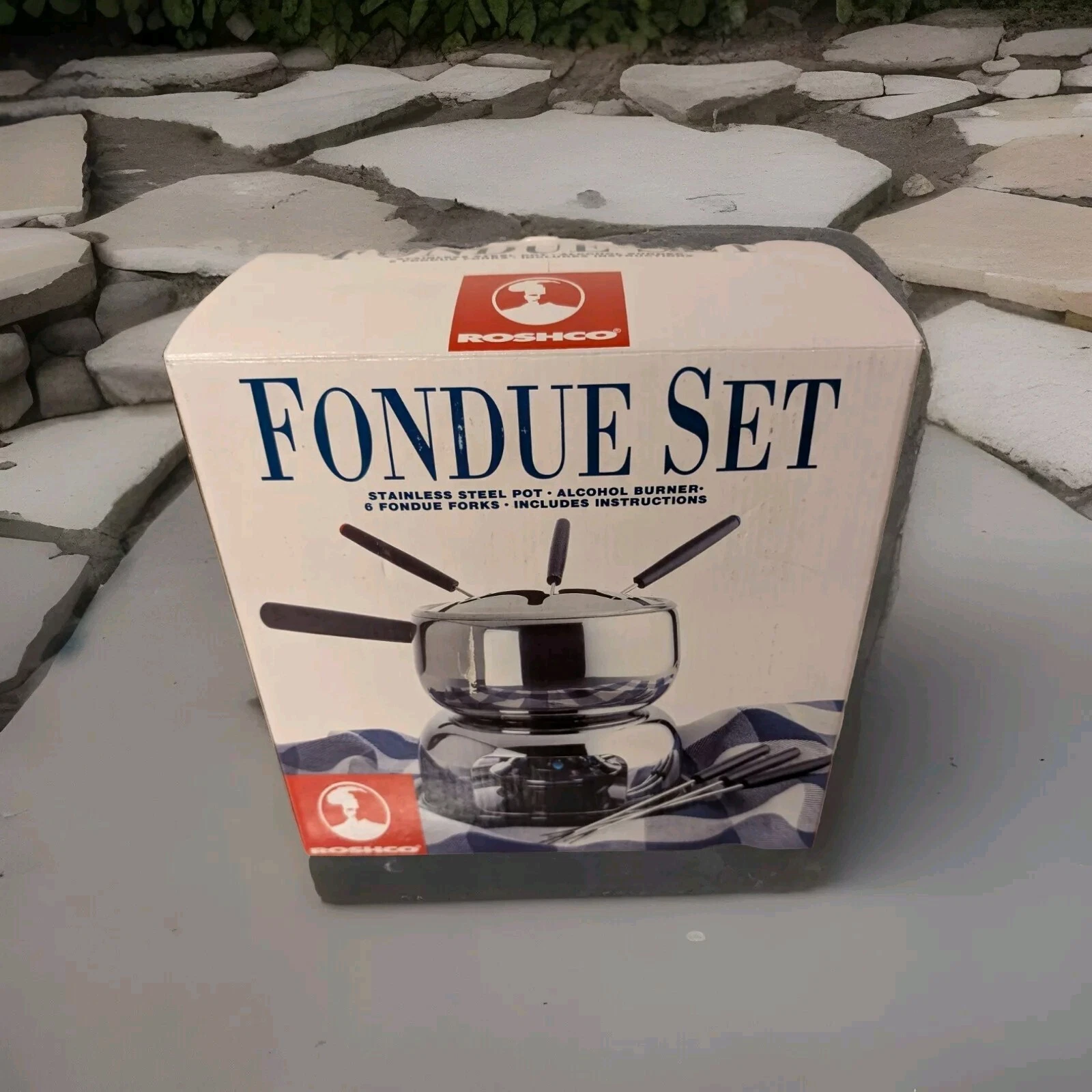 Roshco Fondue Set 9 PC Stainless Steel Silver Colored Pot Scewers Burner