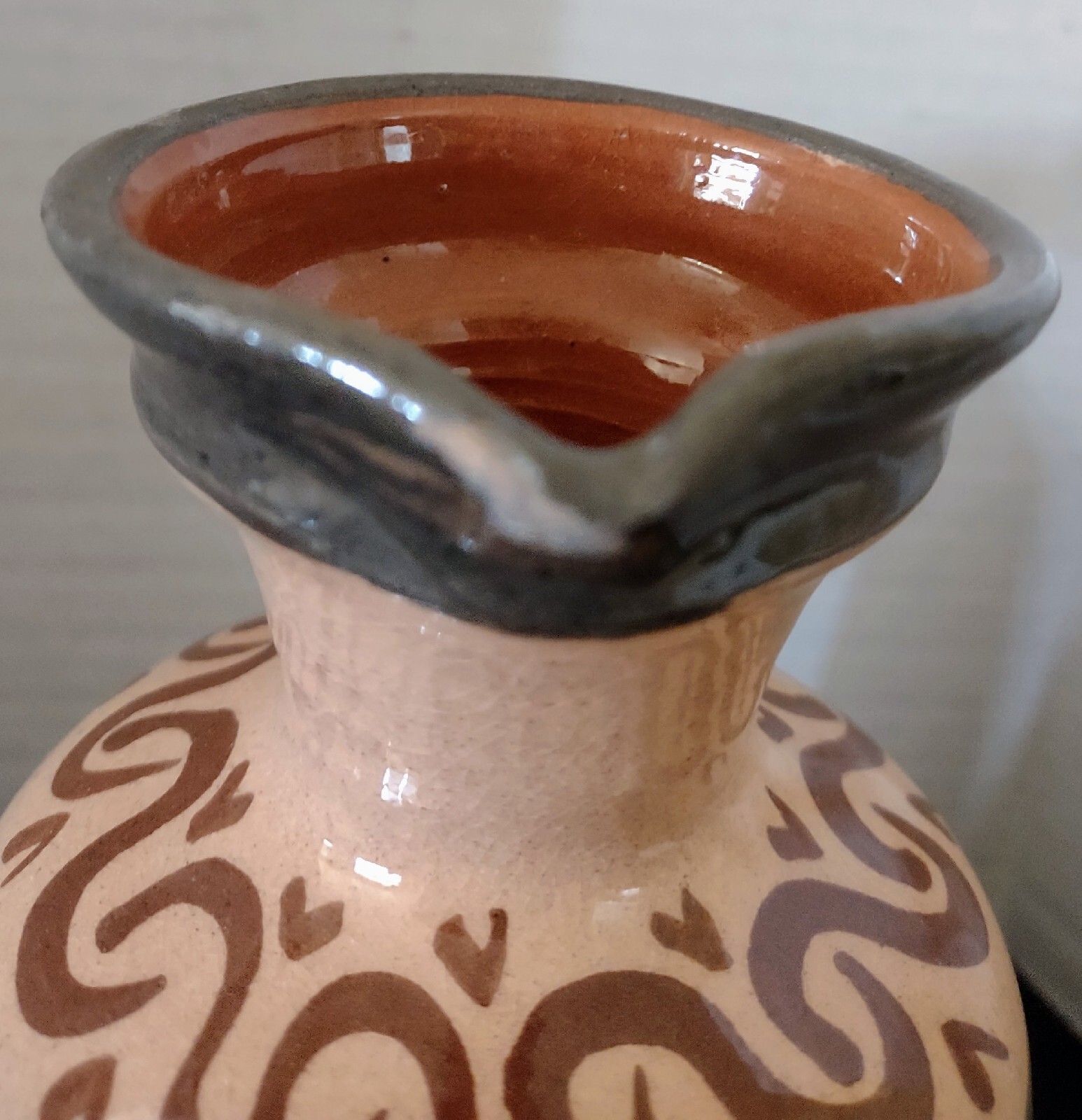 Vintage Rustic Mexican Clay Terra Cotta Pitcher Vase Folk Art Floral