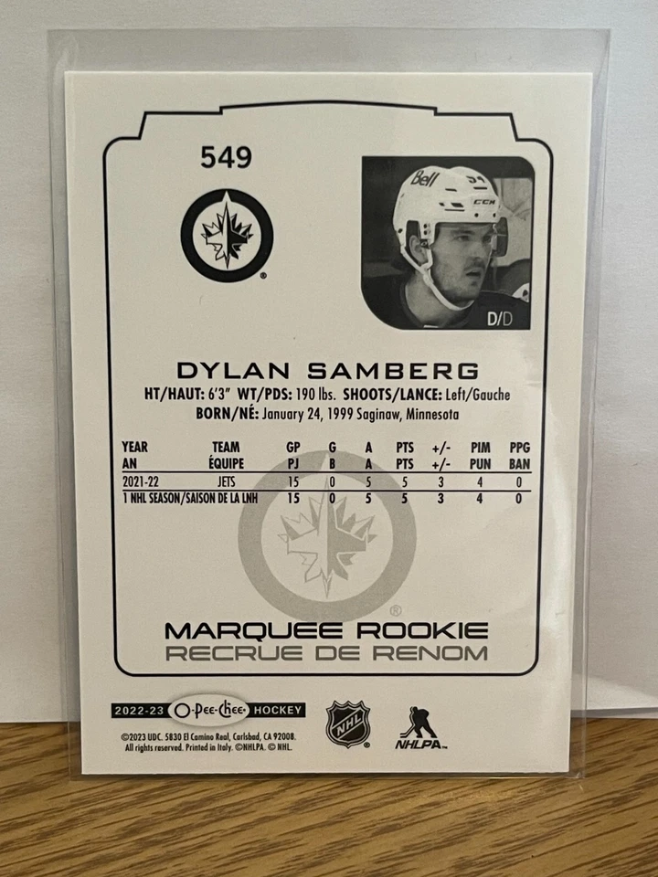 Dylan Samberg 2022-23 O-Pee-Chee Marquee Rookie RC #549 Winnipeg Jets - Image 2 of 2