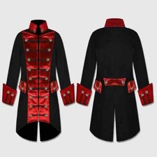 Red Velvet Gothic steampunk Halloween coat with trim, Black gothic jacket.