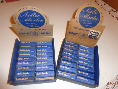 2 VINTAGE NELLIE MARTIN BOB PIN BOBBY STORE DISPLAYS & 33 BOXES NOS