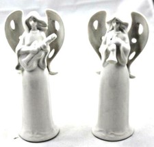3 White Ceramic Angels Playing Instruments Horn Guitar Accordian 6.5"