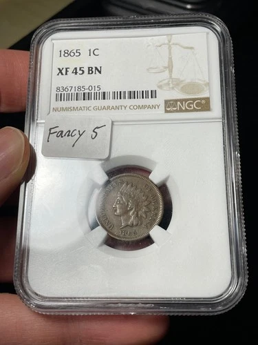 1865 NGC XF45 BN Fancy 5 Indian Head Cent