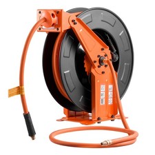 Auto-Rewind Air Hose Reel: 50ft Rubber Hose, 300PSI, 5ft Lead, Heavy-Duty Steel