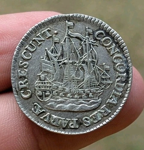 RARE ! 1764 Dutch Netherlands VOC 6 Stuiver Ship Lion UTRECHT Silver Coin_b467