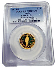 RARE 2014 P TUVALU CHARLIE CHAPLIN 1/4OZ GOLD COIN PCGS P70DCAM FIRST STRIKE
