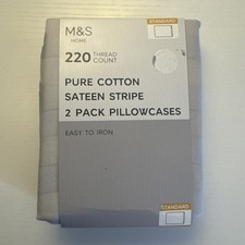 M&S Pure Cotton Sateen Stripe 2 Pack Pillowcases Grey 220 Thread Count New