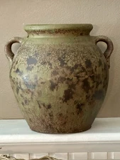 Handpainted Rustic Green Earthenware Handled Terra-Cotta Vessel/Planter 7"