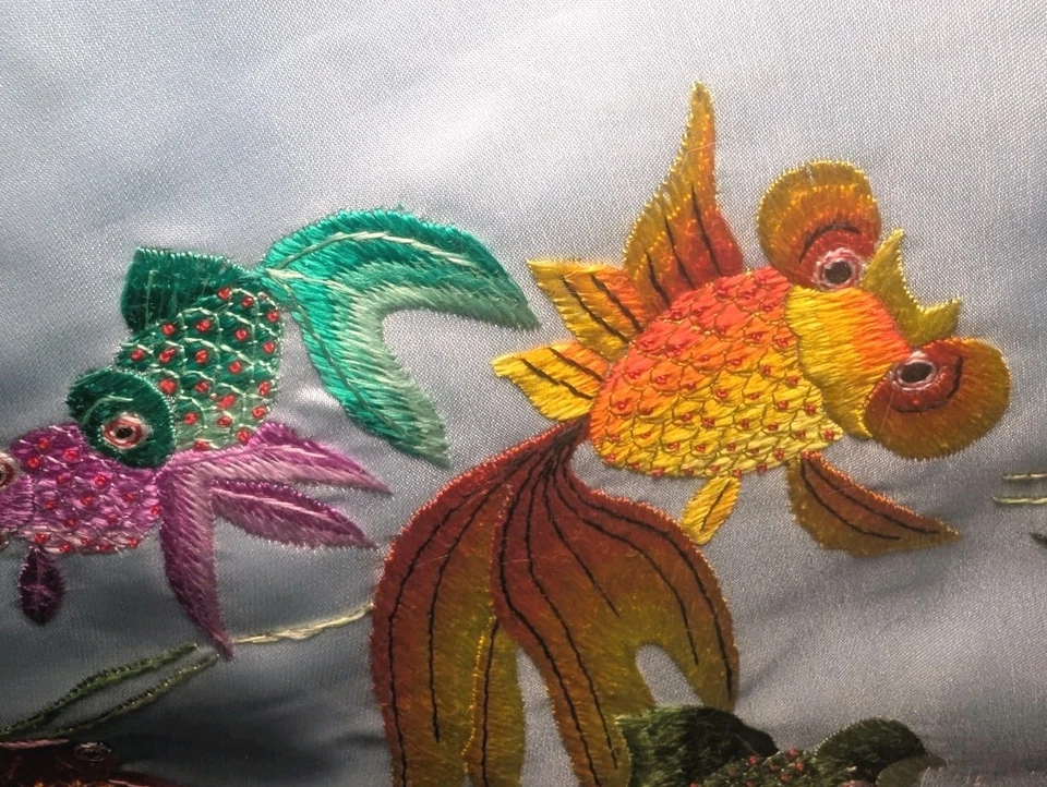 GUSU KOI FISH Duvet Cover EMBROIDERED Fish Blue Satin 86x78 Full Bed Pillow Sham - Image 2 of 4