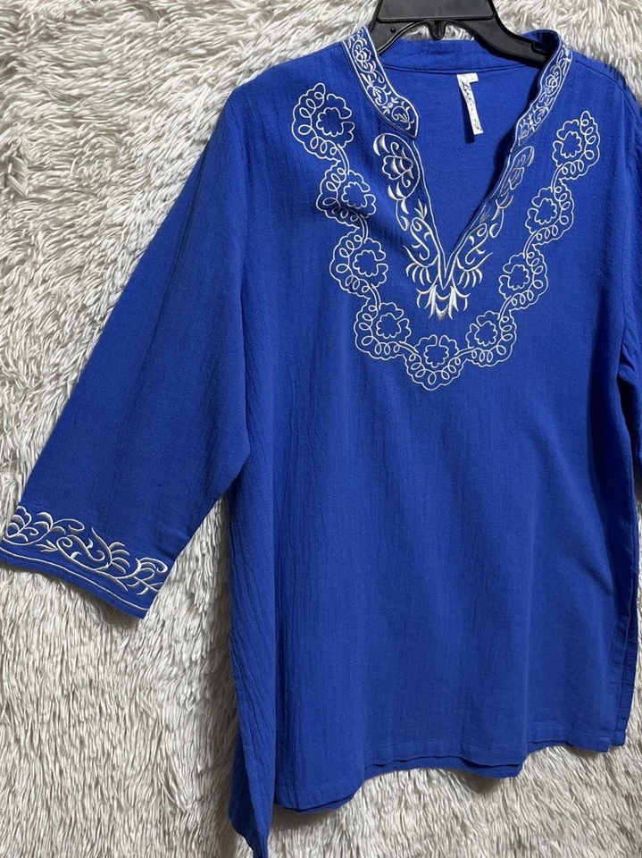 Lulu B Women Blue Cotton Floral Bohemian V-Neck Tunic 3/4 Short Sleeve Size L - Image 3 of 4