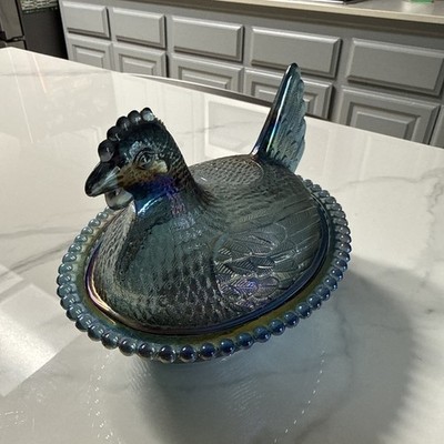 Vintage Indiana Glass Iridescent Carnival Blue Hen on Nest Dish 7