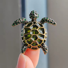 Whimsical Sea Turtle Brooch Gold Enamel Crystal Ocean Animal Pin Summer Jewelry