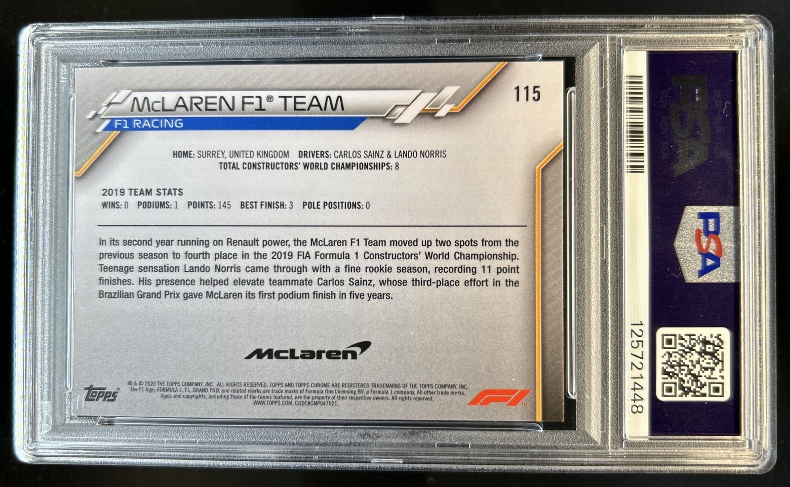2020 Topps Chrome Sapphire F1 Formula 1 McLaren F1 Formula 1 Team #115 PSA 7 view 2