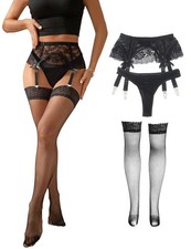 Garter Belt and Thigh Highs Set Plus Size Women Lace Garter Belts with 4 Stra...