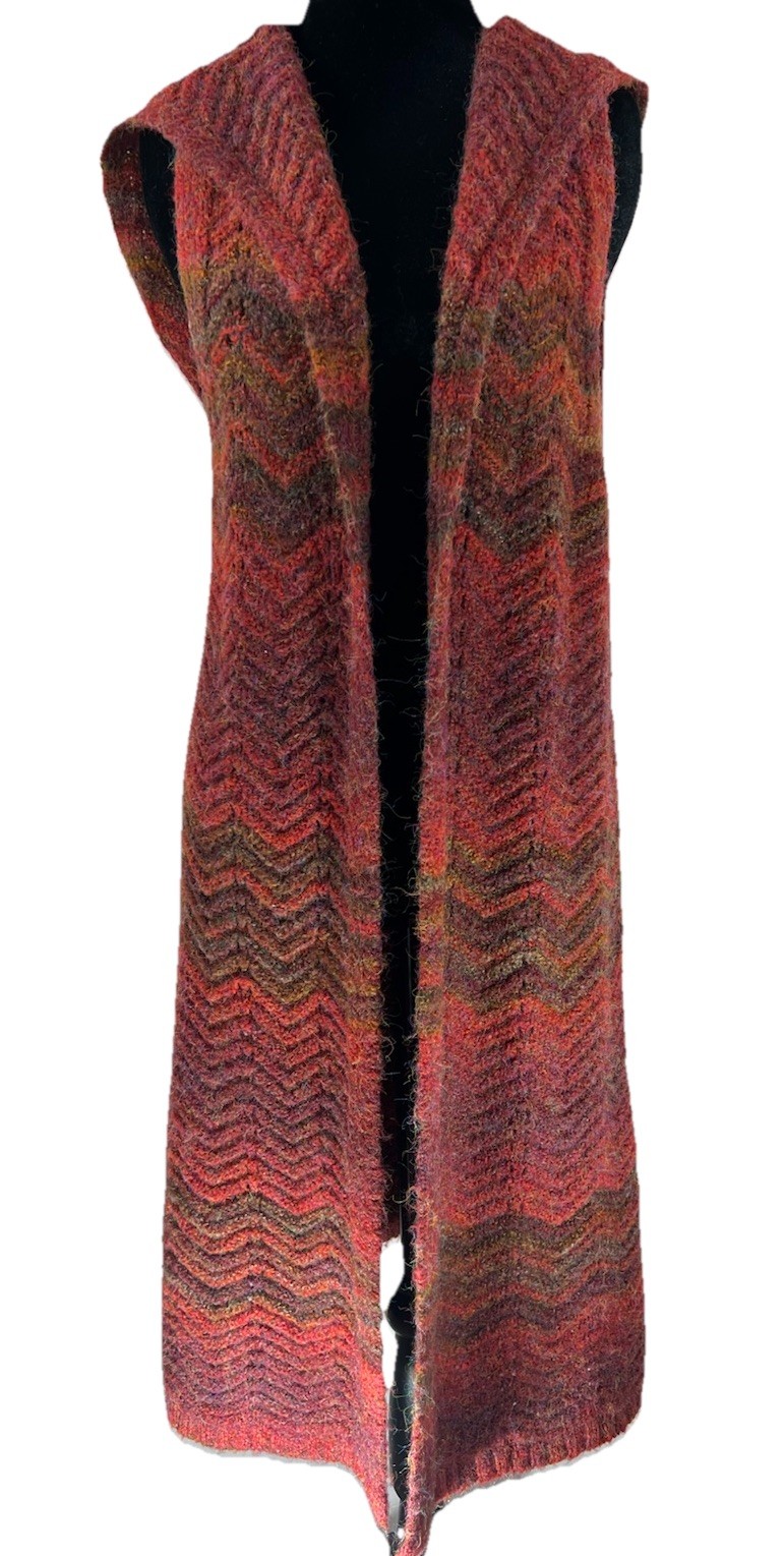 Knitizen Long Red Multi Chevron Pattern Hooded Sw… - image 1