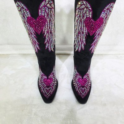 Angel  Wings Black Hot Pink Rhinestone Country Western Cowgirl Knee Boots