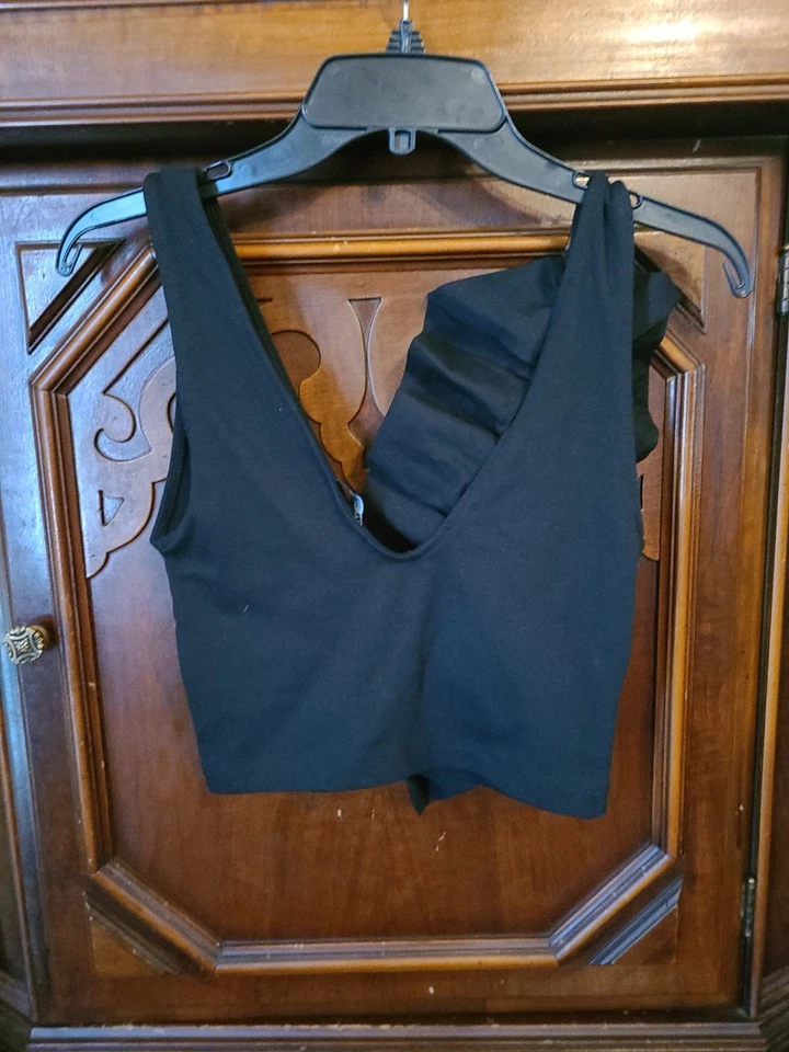 Zara NWT Crop Top Women's Size M S White Sleeveless Plunging V Neck Ruffles Sexy - Image 3 of 4