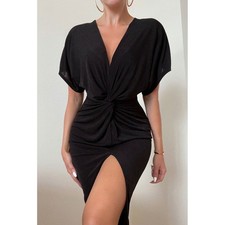 Fashion Nova Black Twist Front V-Neck Midi Dress Short Sleeve Slit NEW