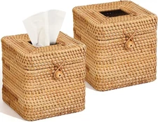 2 Pcs Rattan Tissue Box Cover 5.7" x x 5.7"Rattan Square Natural 