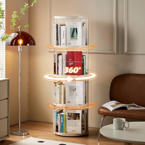 4 Tier Rotating Bookshelf, Small Corner Bookshelf for Small Space, Round White - Picture 1 of 6
